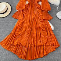 V neck button down side ruffle plisse midi dress