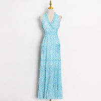 Beautiful ruffle tiered maxi chiffon dress in blue