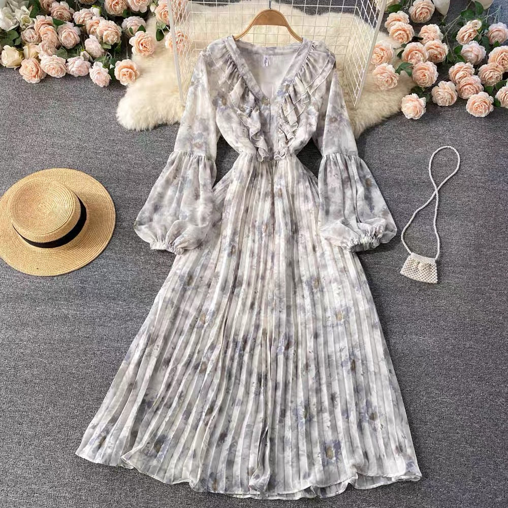 Balloon sleeve ruffle V neck pleated dress