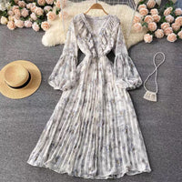 Balloon sleeve ruffle V neck pleated dress