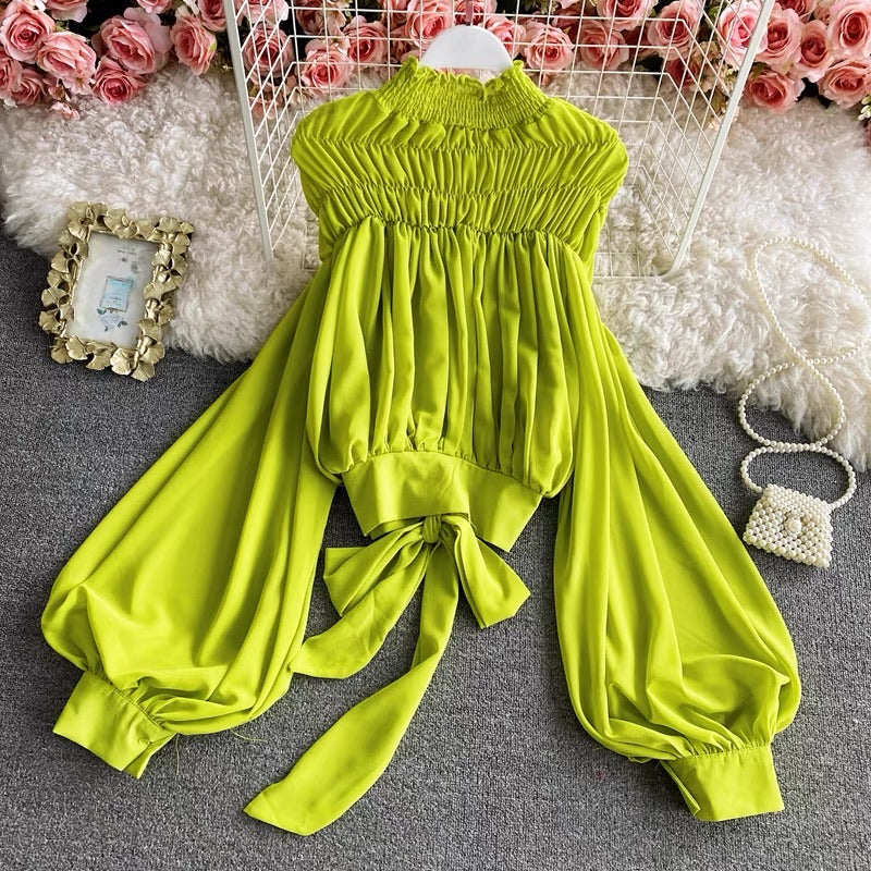 Bishop sleeve ruched neck tie waist top