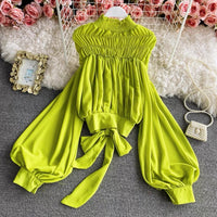 Bishop sleeve ruched neck tie waist top