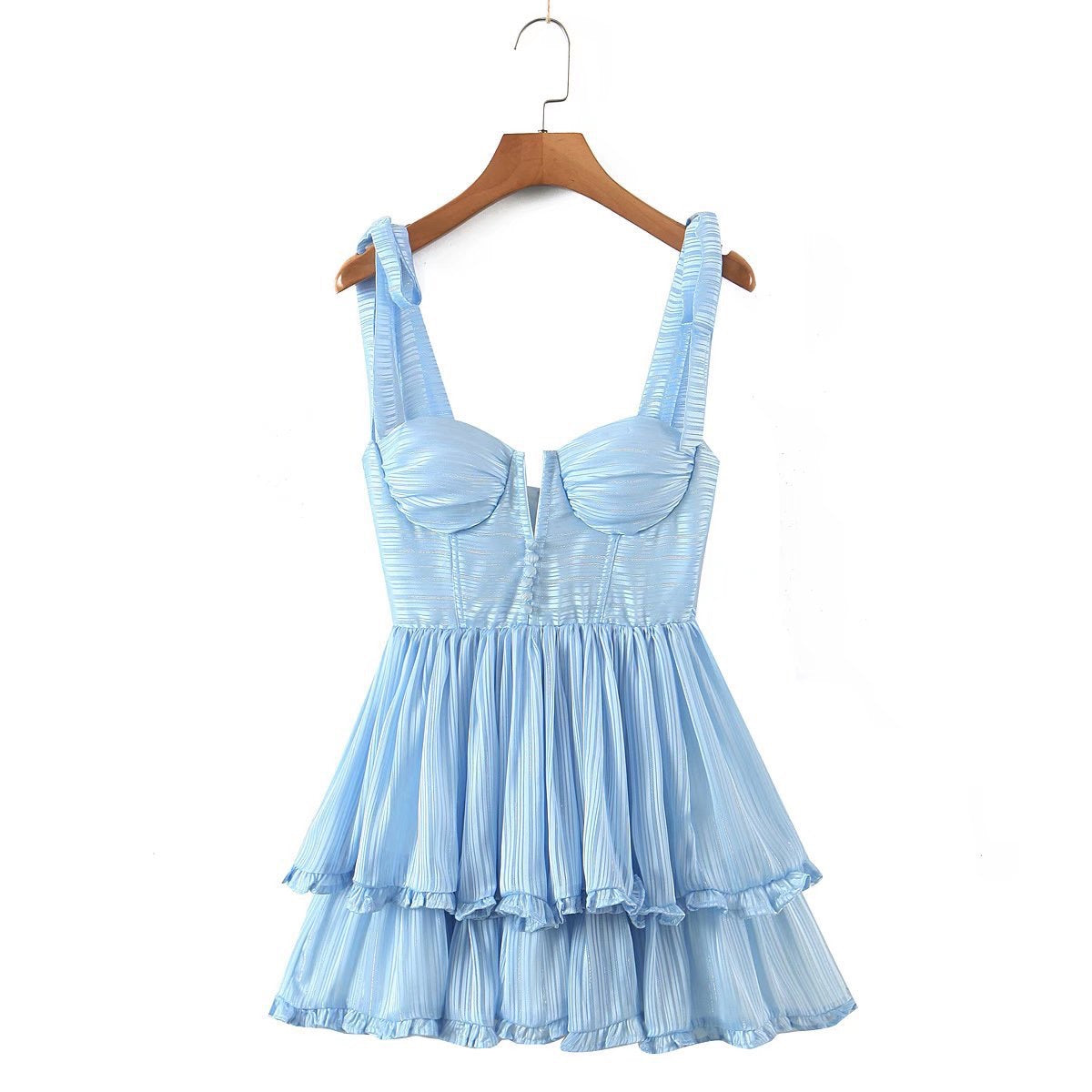 Tie shoulder cami V cut ruffle layers dress