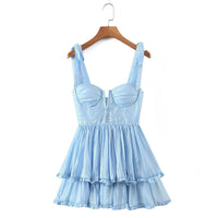 Tie shoulder cami V cut ruffle layers dress