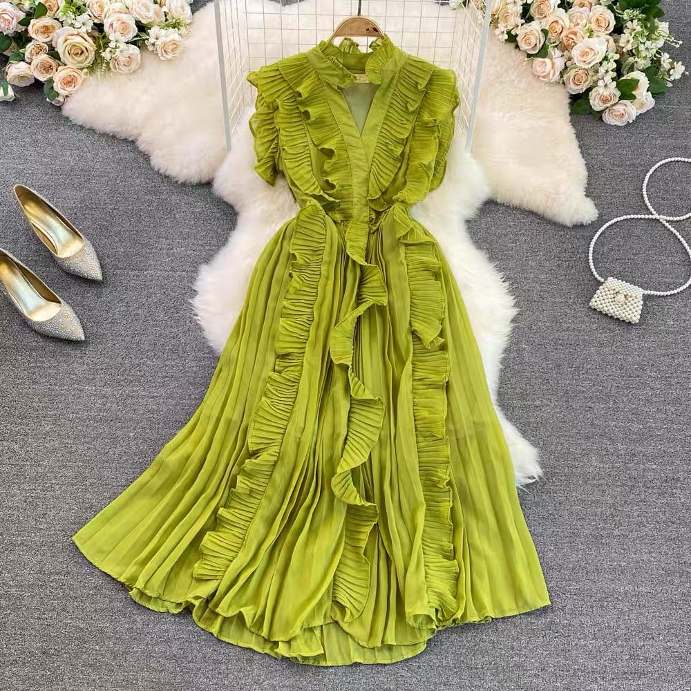 Pleated ruffle midi chiffon dress