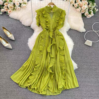 Pleated ruffle midi chiffon dress