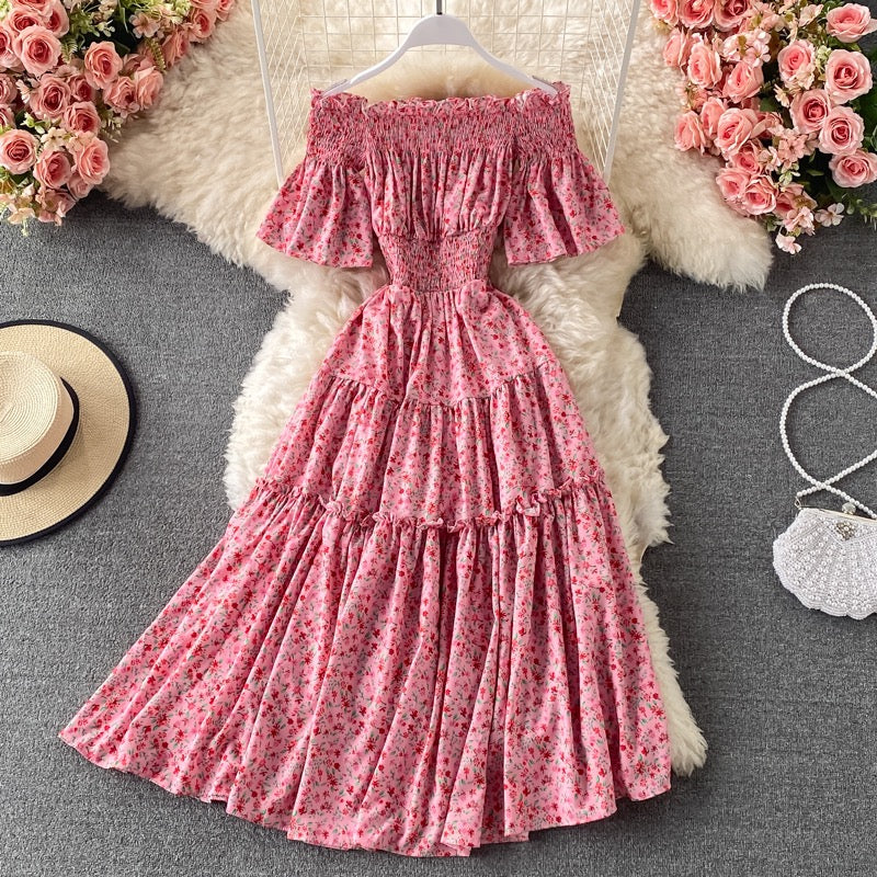 Mini floral Flounce sleeve off shoulder tiered midi dress