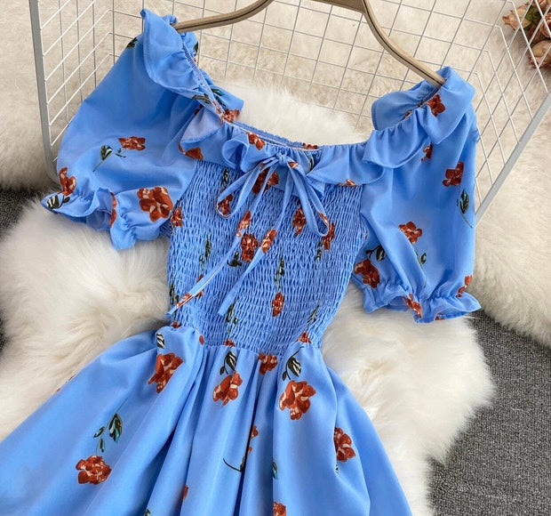 Off shoulder shirred bodice floral maxi dress