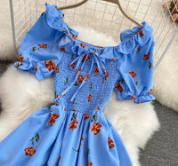 Off shoulder shirred bodice floral maxi dress