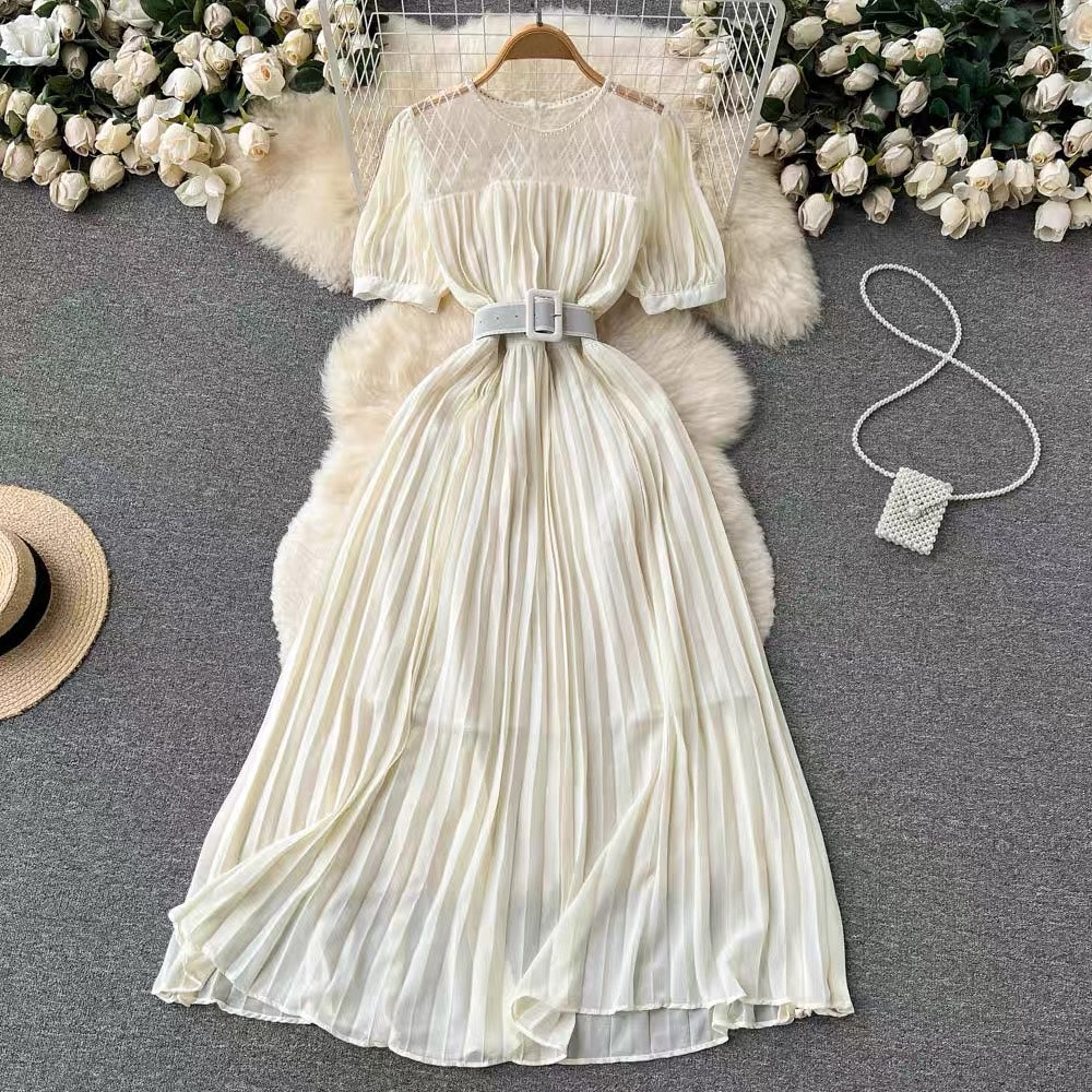 Belted round neck pleated midi dress
