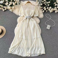 Belted round neck pleated midi dress