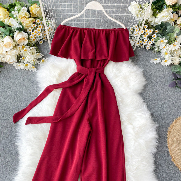 Off shoulder waist tie ruffle jumpsuit