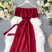 Off shoulder waist tie ruffle jumpsuit
