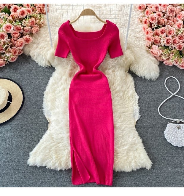 Short sleeve square neck knit slit dress