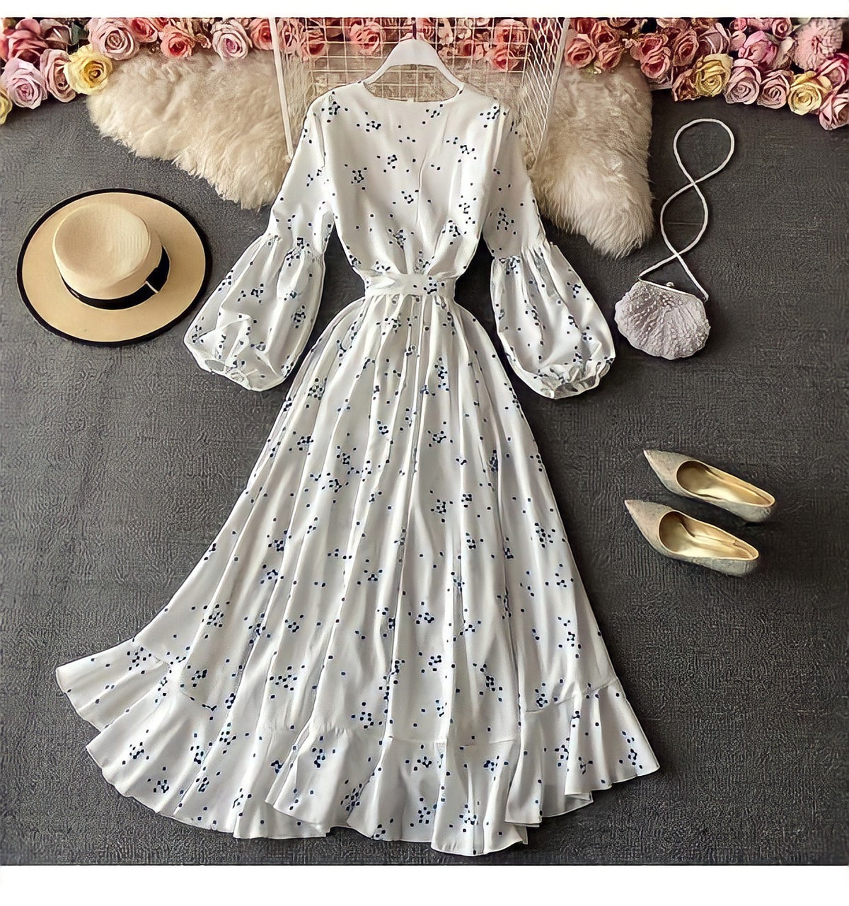 Asymmetrical ruffle wrap polka dot dress