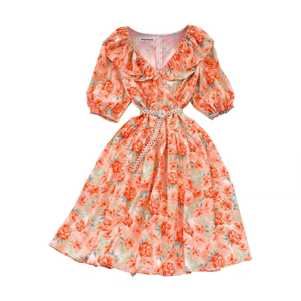 Pearl belted flappy heart neck floral dress