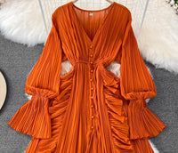 V neck button down side ruffle plisse midi dress