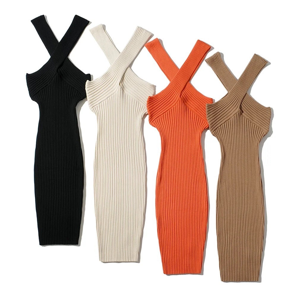 Halted cross midi knit dress
