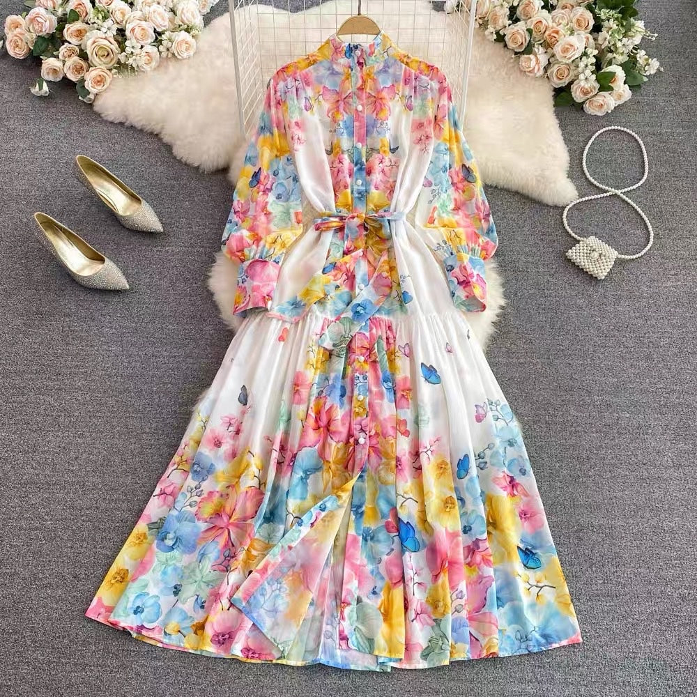 Belted button through floral chiffon maxi dress