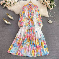 Belted button through floral chiffon maxi dress