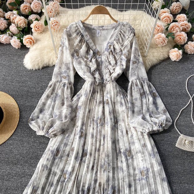 Balloon sleeve ruffle V neck pleated dress