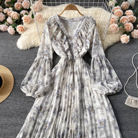 Balloon sleeve ruffle V neck pleated dress