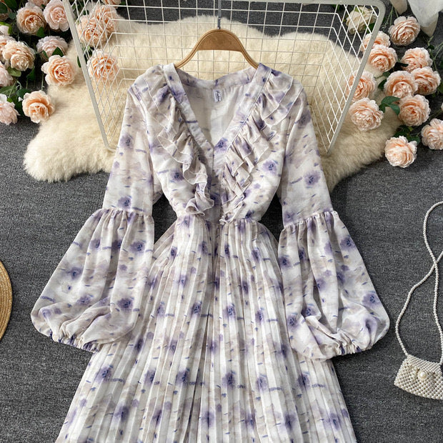 Balloon sleeve ruffle V neck pleated dress