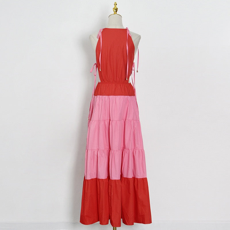 Halter tie shoulder cut out tiered maxi dress