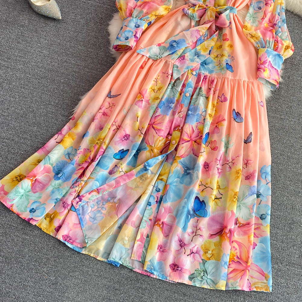 Belted button through floral chiffon maxi dress