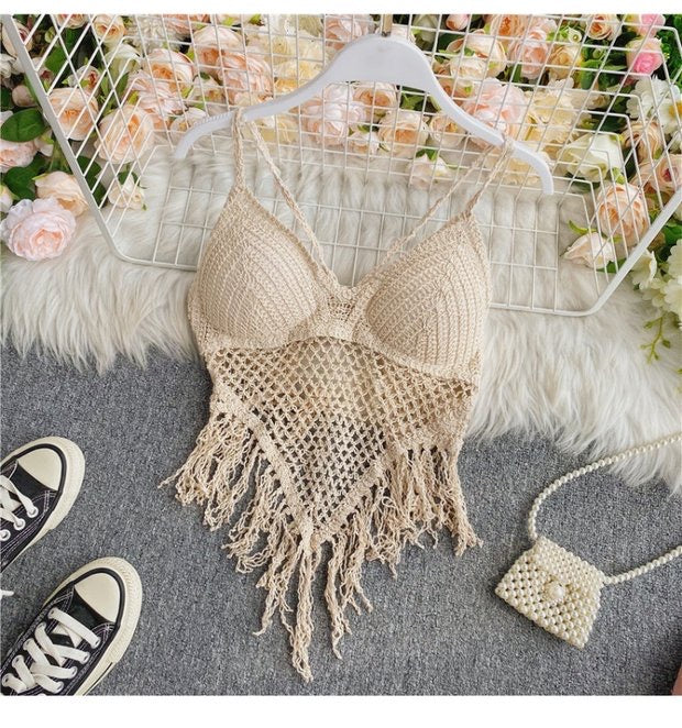 3 pieces embroidery lace tussle top beach set