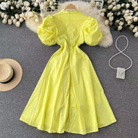 Puff sleeve mock neck solid colour midi dress