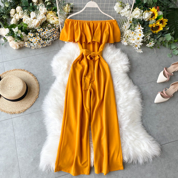 Off shoulder waist tie ruffle jumpsuit