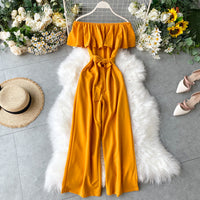 Off shoulder waist tie ruffle jumpsuit