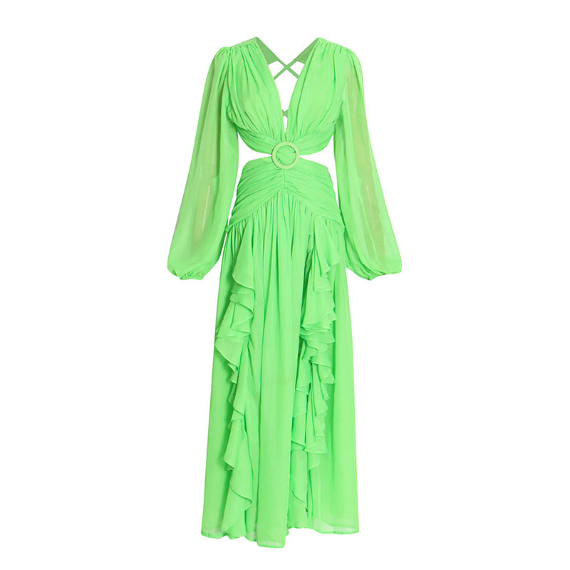 Side ruffle lace up back green maxi dress