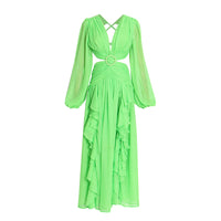 Side ruffle lace up back green maxi dress