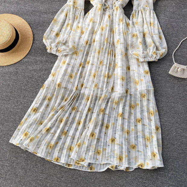 Balloon sleeve ruffle V neck pleated dress