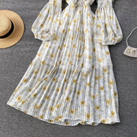 Balloon sleeve ruffle V neck pleated dress