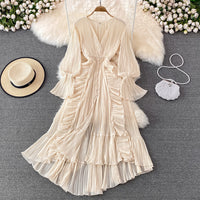 V neck button down side ruffle plisse midi dress