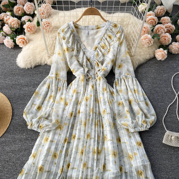 Balloon sleeve ruffle V neck pleated dress