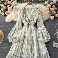 Balloon sleeve ruffle V neck pleated dress