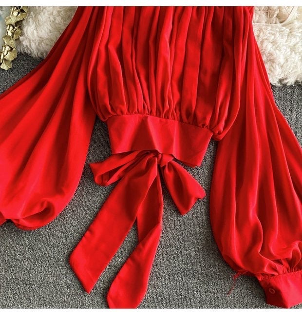 Bishop sleeve ruched neck tie waist top