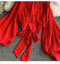 Bishop sleeve ruched neck tie waist top