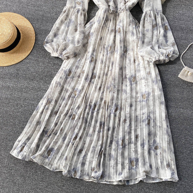 Balloon sleeve ruffle V neck pleated dress