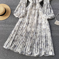 Balloon sleeve ruffle V neck pleated dress