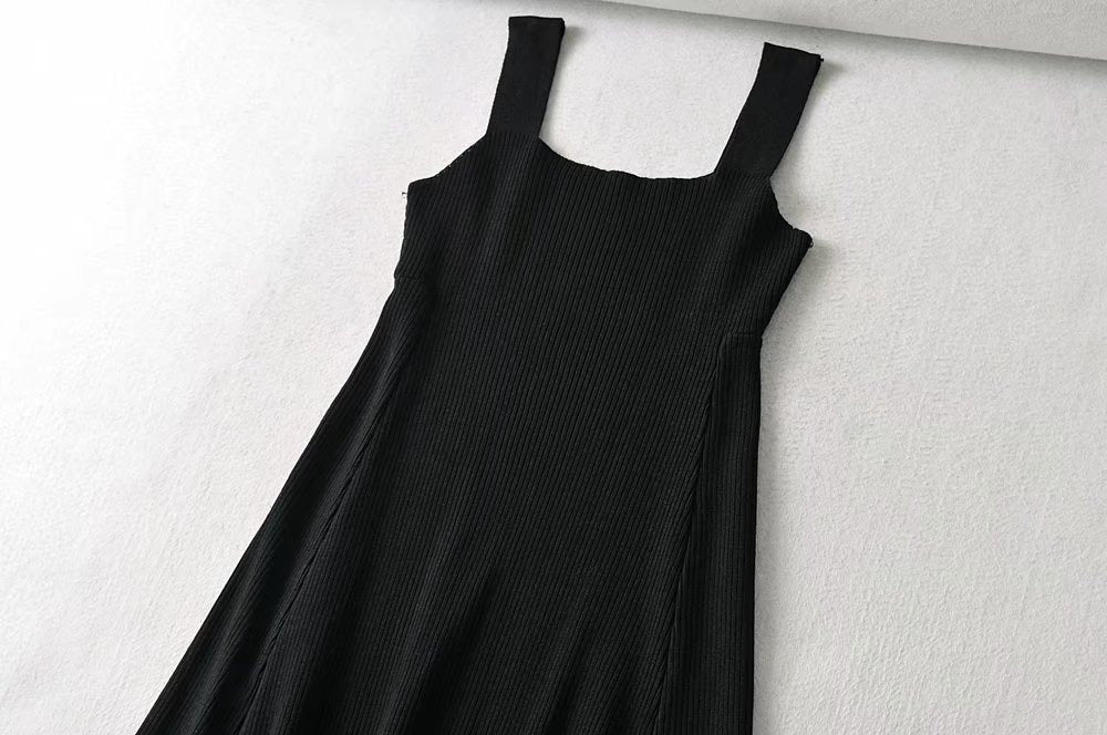 Square neck black knit dress