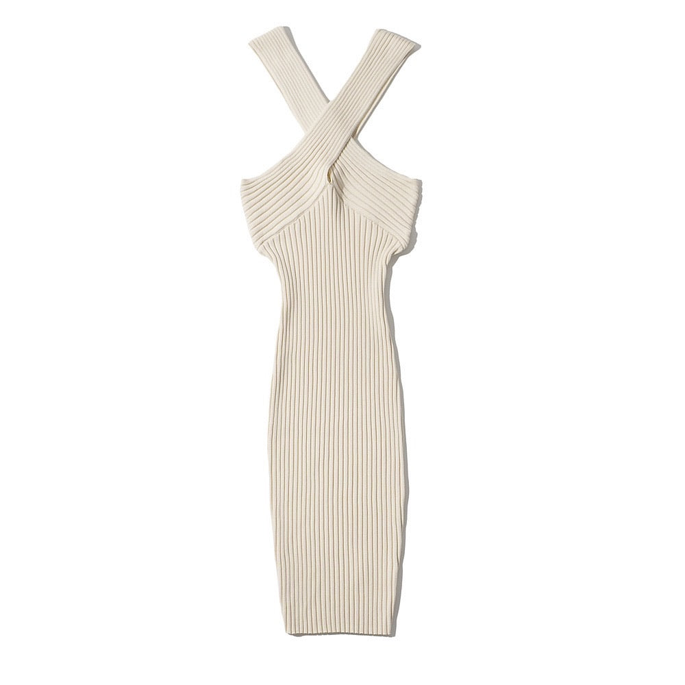 Halted cross midi knit dress