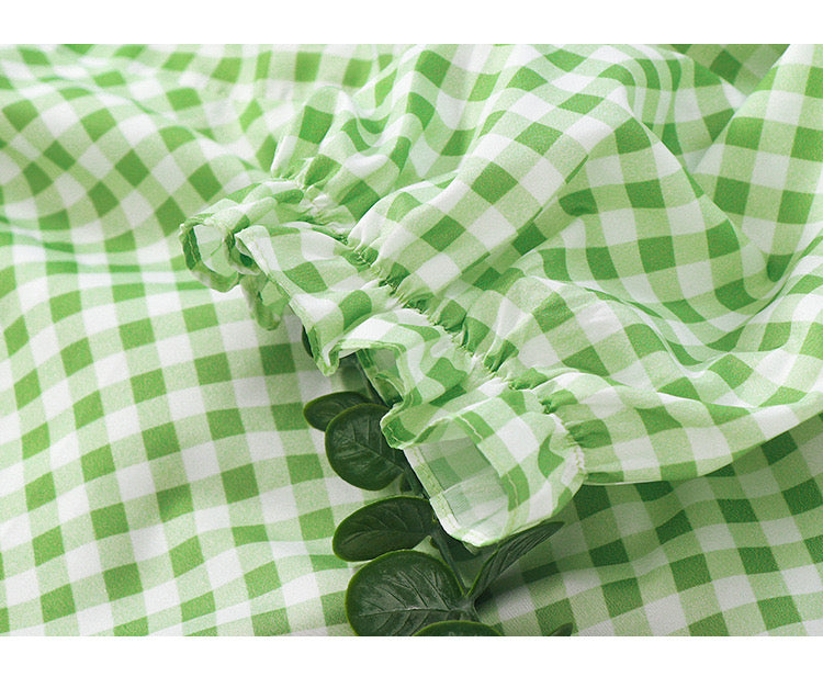 V neck green plaided midi dress