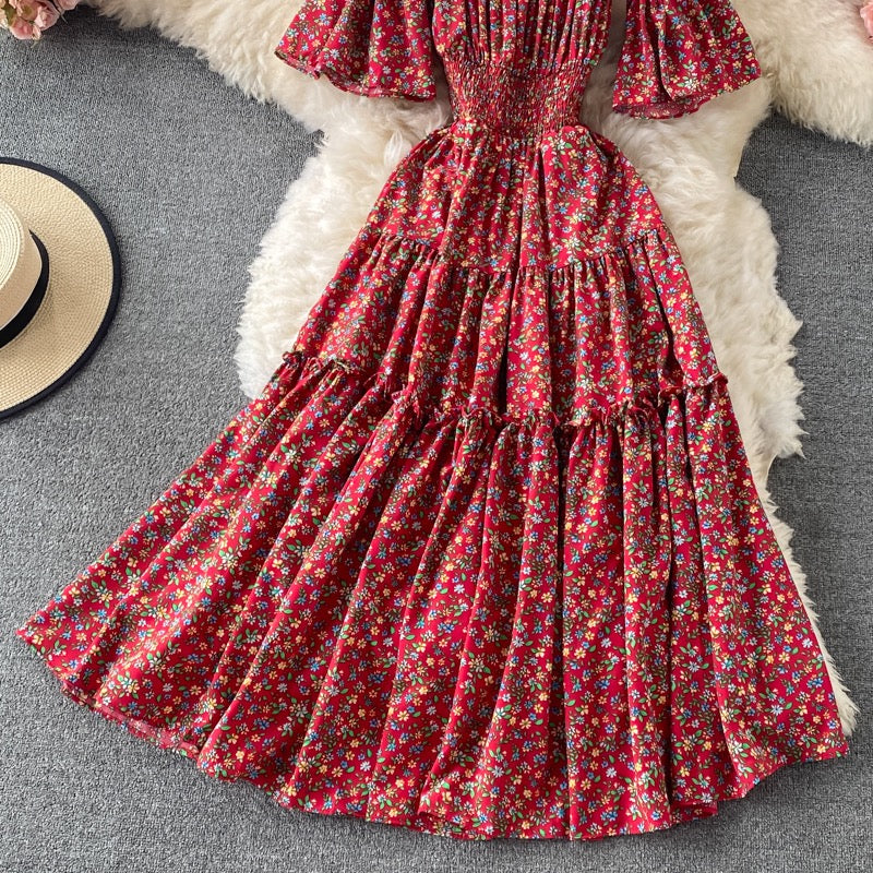 Mini floral Flounce sleeve off shoulder tiered midi dress