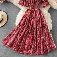 Mini floral Flounce sleeve off shoulder tiered midi dress