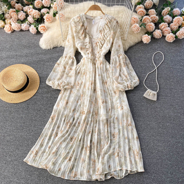 Balloon sleeve ruffle V neck pleated dress
